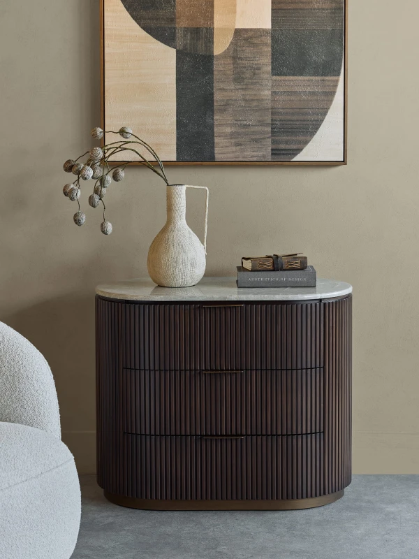 Designer Bremner II chest of drawers, 80 cm, with marble top and wooden base – ideal for contemporary interiors.
