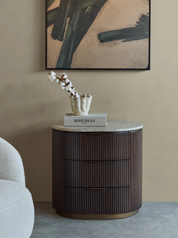 Elegant Bremner wooden bedside table featuring drawers and a refined marble top. A sophisticated 66 cm piece for modern bedrooms.