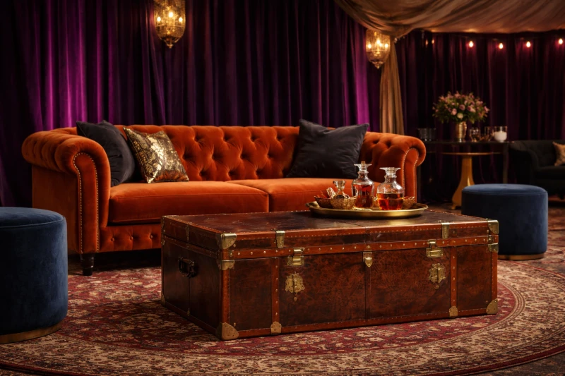 Leather trunk coffee table in brown with brass detailing – luxury storage coffee table