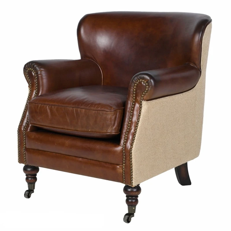 Charlestone Brown Leather and Jute Armchair with decorative studs