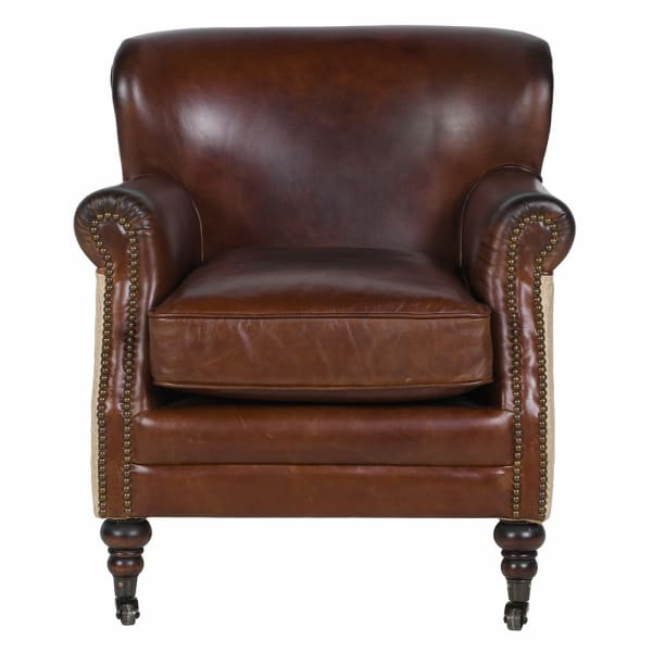brown leather armchair with natural jute back and sides