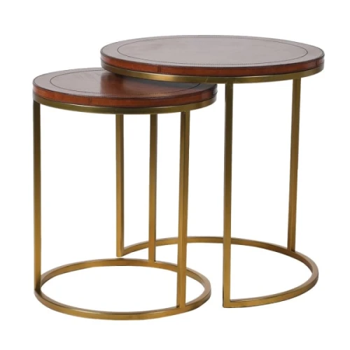 Bardem Gold Brown Genuine Leather Side Table Set 50 cm