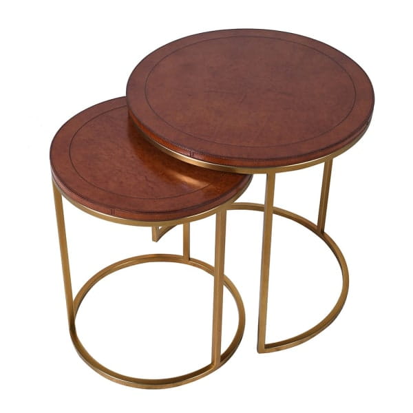 Bardem Gold Brown Genuine Leather Side Table Set 50 cm