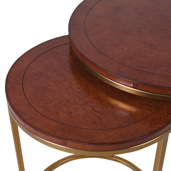 Bardem Gold Brown Genuine Leather Side Table Set 50 cm