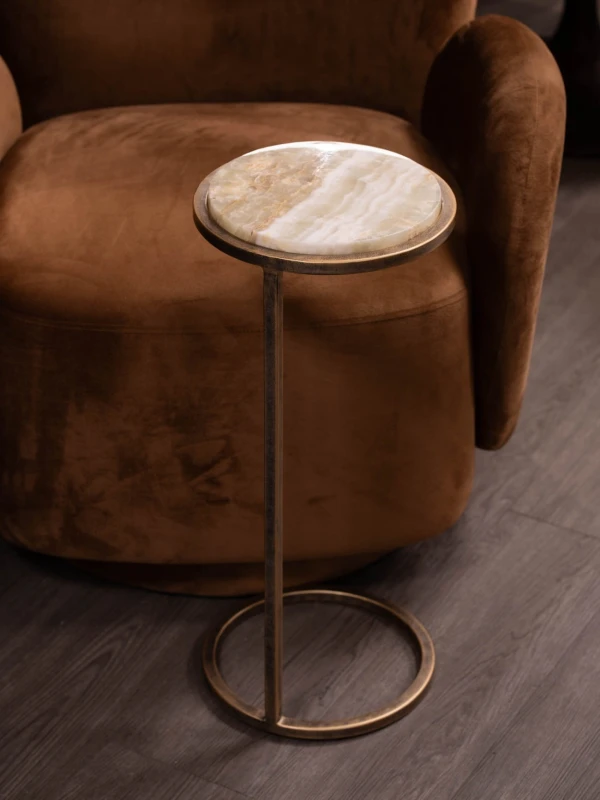 Belgrave Onyx Side Table – 59 cm, Stone Top with Metal Base