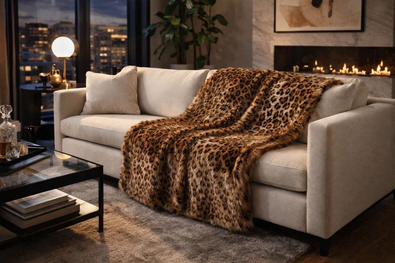 Luxury faux fur animal print throw 160 x 140 cm for a bed or sofa