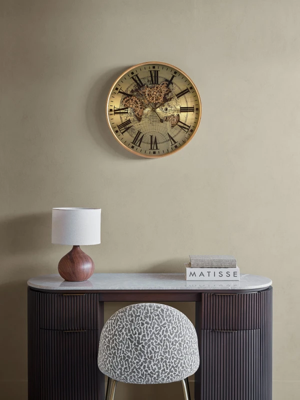 Atlas 60 cm wall clock – metal gold frame, visible mechanism and statement dial