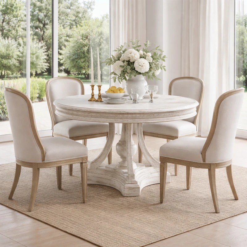 Delighted Round Dining Table – 120 cm Reclaimed Pine with Decorative Edges and Pedestal Base
