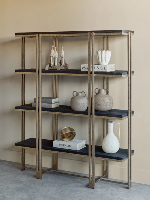 Knightsbridge wooden bookcase with gold metal frame