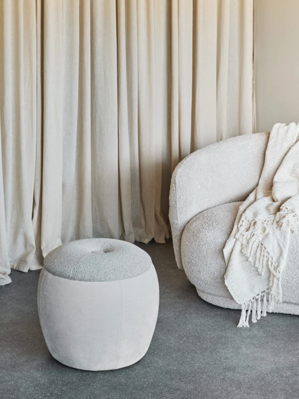 Beige Pimlico storage ottoman 41 cm in velvet with bouclé seat – luxury upholstered footstool for living room or bedroom