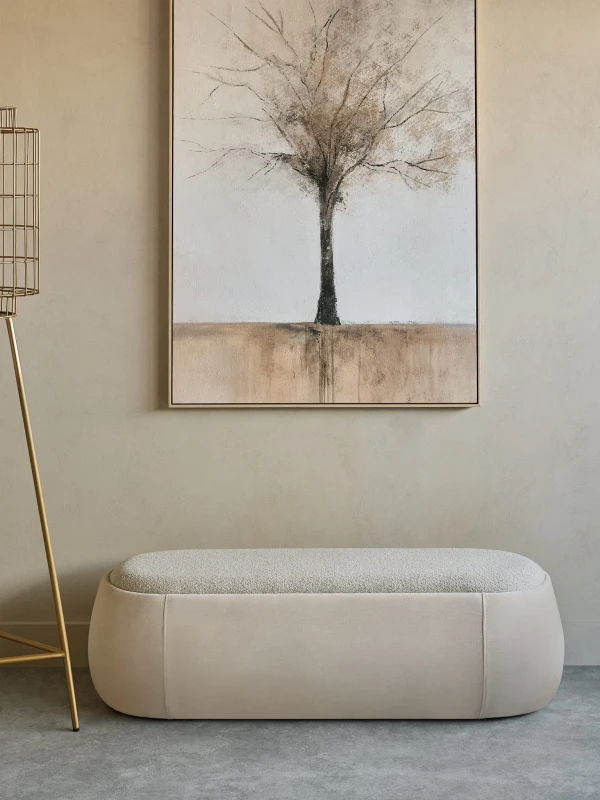 Pimlico beige bouclé velvet storage bench, 142 cm wide. An elegant upholstered bench with hidden storage, perfect for bedrooms, hallways and living spaces.