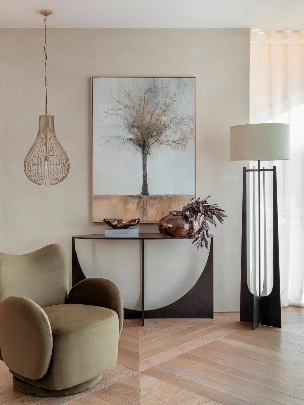 Black iron floor lamp with light linen shade