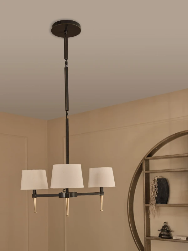 Stella 3-Arm Chandelier – Black and Gold with Linen Shades