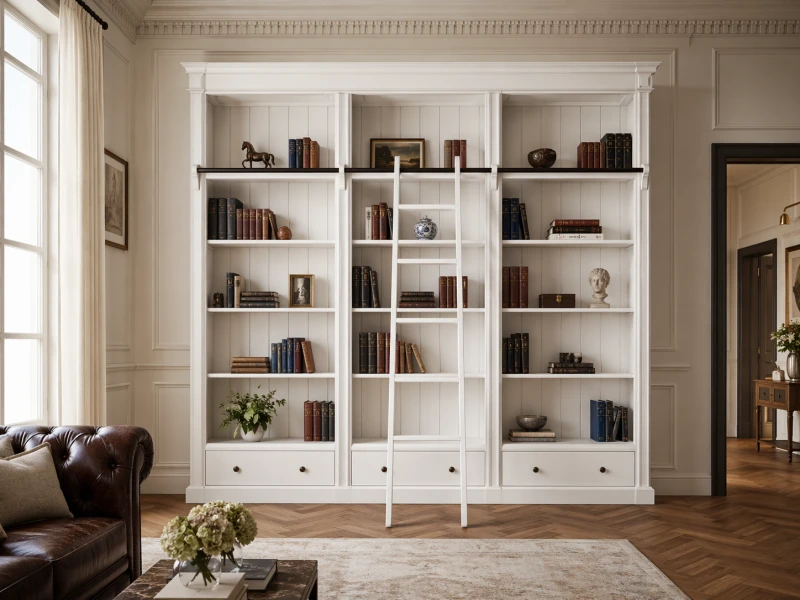 Minor White Bookcase with ladder 240x246 cm library with drawers poplar wood