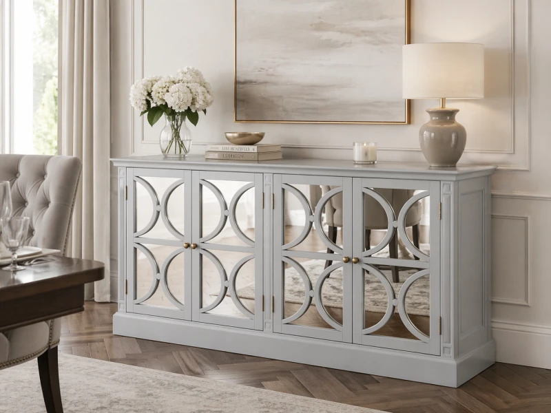 Minor Grey Sideboard: Wood and Mirrored Glass, 189x94 cm - Four-Door Sideboard