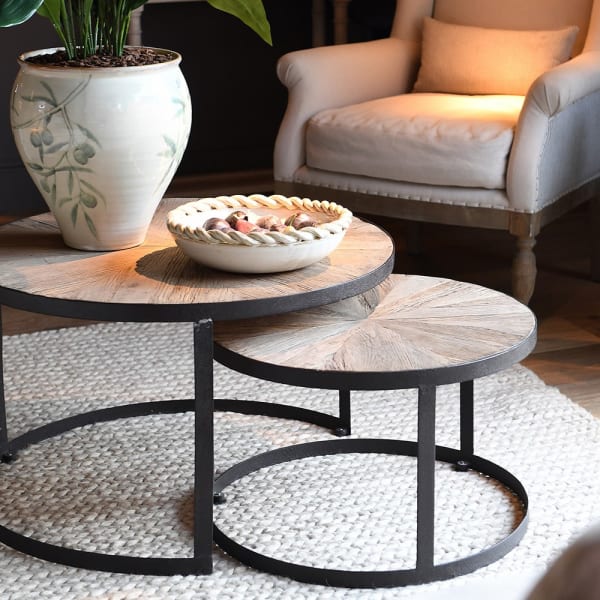 Reclaimed Oak Round Coffee Tables in Two Sizes with Iron Legs