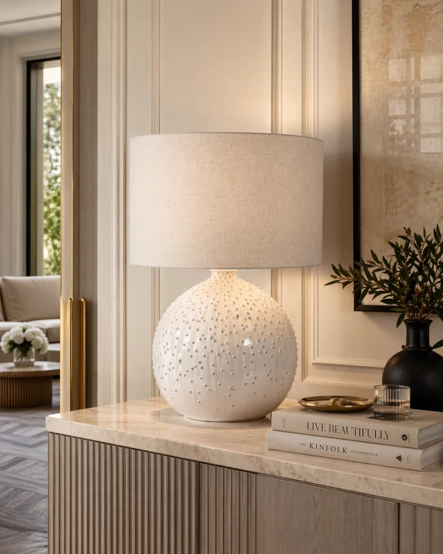 White Bubble Table Lamp 62 cm cream ceramic ball base linen shade
