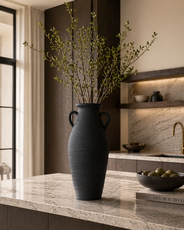 Maldon Tall Luxury Cement Urn, 76 cm, in Black with Decorative Handles