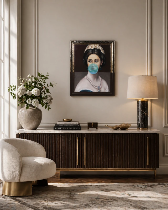 Bubble Gum Woman Portrait Canvas Wall Art 92 × 72 cm with Gold and Black Frame