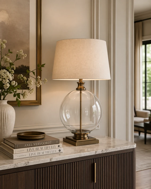 Glass Ball Table Lamp 75 cm with Linen Shade