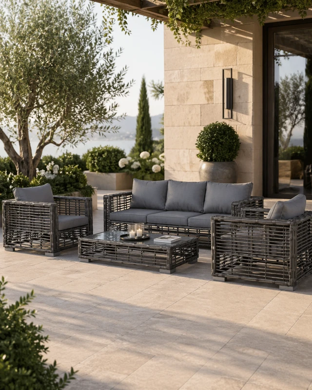 Sloane PE rattan garden furniture set with sofa armchairs and coffee table