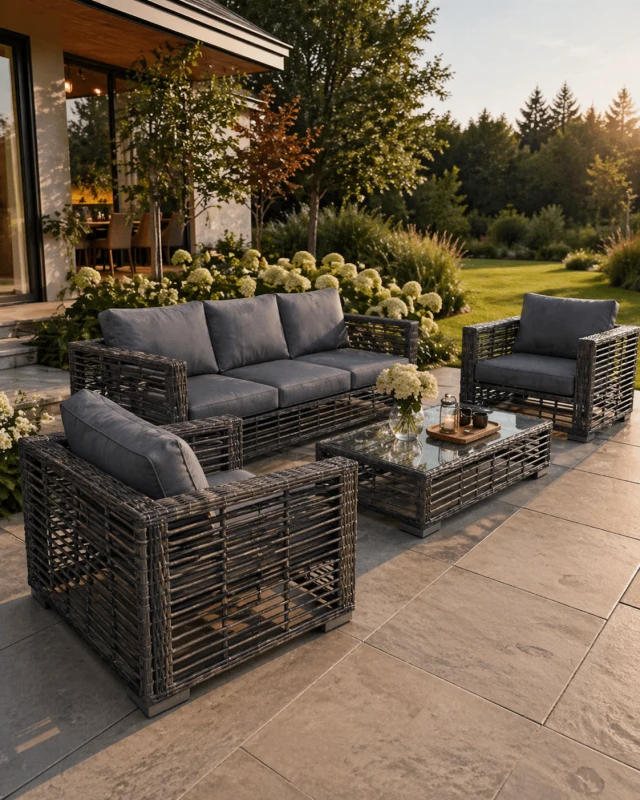 Sloane PE Rattan Garden Furniture Set with Sofa, 2 Armchairs and Coffee Table