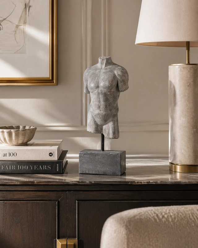 Male Torso Sculpture - 45 cm Iron and Resin Base, Grey Finish