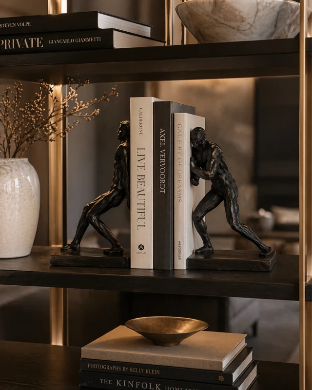Men Sculptural Black Resin Bookends, 27 cm