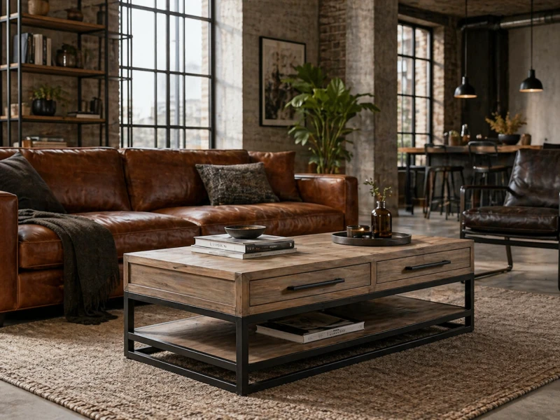 Portland Coffee Table with Drawers – Pine Wood &amp; Black Iron Frame