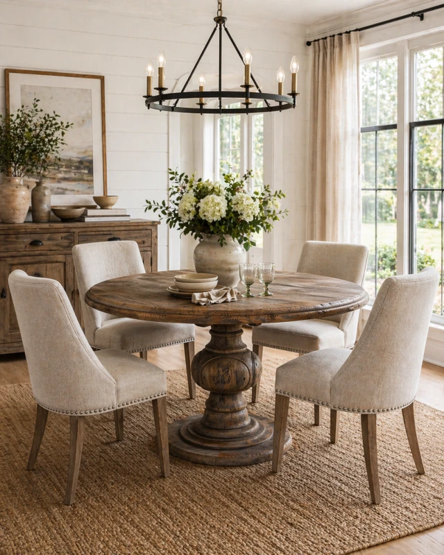 Garda Round Dining Table 125 cm recycled pine wood turned pedestal