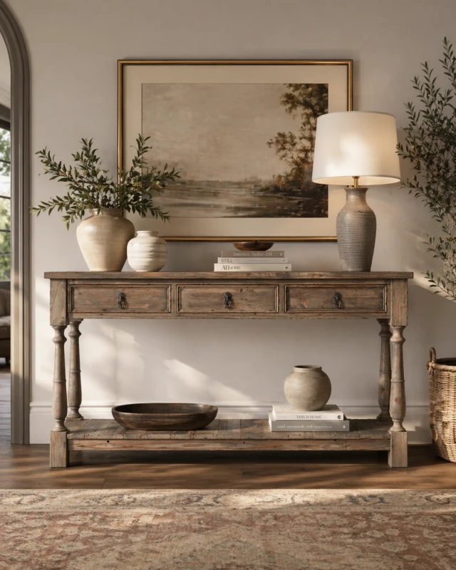 Garda Pine reclaimed pine console table with drawers, 160 cm