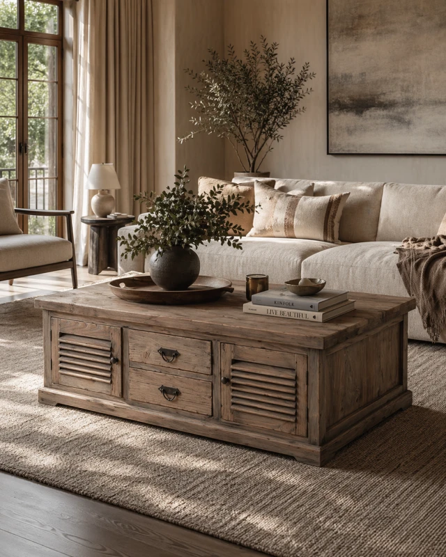 Garda Pine 140 cm Reclaimed Pine Wood Coffee Table with Drawers and Cabinets