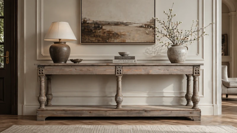 Garda Reclaimed Wood Console Table – 202.5 cm with Two Shelves and Handcrafted Detailing