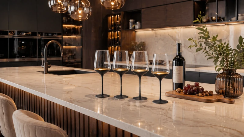 Chelsea Black and Gold Wine Glasses with Tall Black Stem – Set of 4