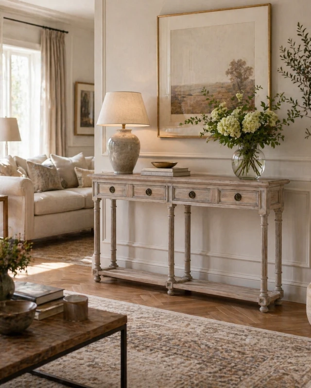 Acacia Wood Empire Console Table with Two Brass-handled Drawers - 148 cm