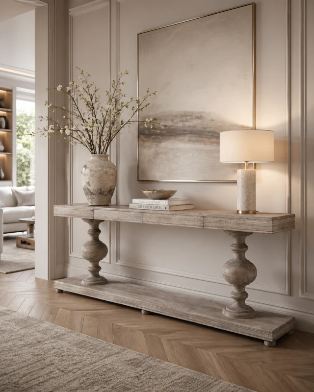 Imperium Round Large Acacia Wood Console Table with Two Drawers, 236 cm