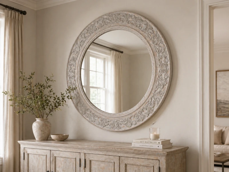 120 cm Round Paulownia Wood-Framed Mirror with Ornate Detailing
