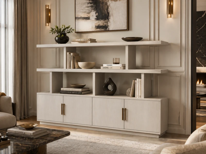 Primrose Light Oak 220 cm Bookcase with Cupboards and Copper-Coloured Details