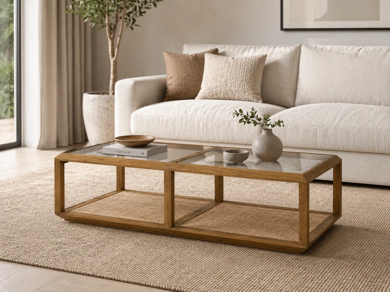 Oak Squares Oak Coffee Table with Glass Top and Woven Rattan Shelf, 150cm