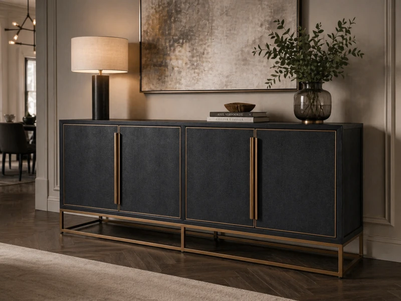 Four-door black sideboard with gold handles