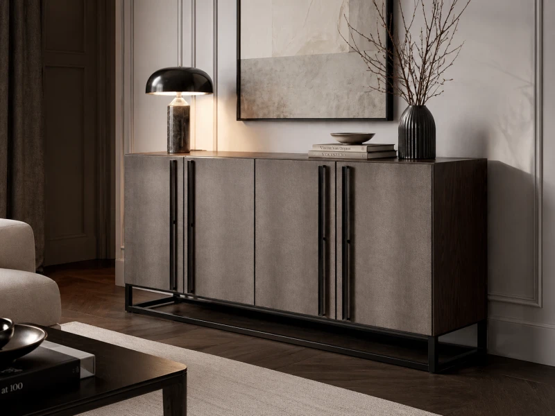 Dark Richmond sideboard with textured fronts and iron base