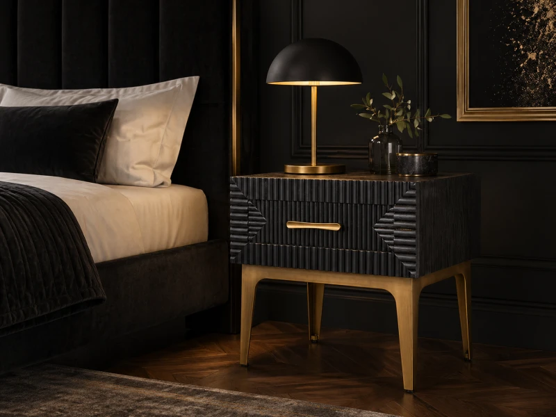 Shoreditch 56cm Oak Bedside Table with Drawer and Gold Iron Base