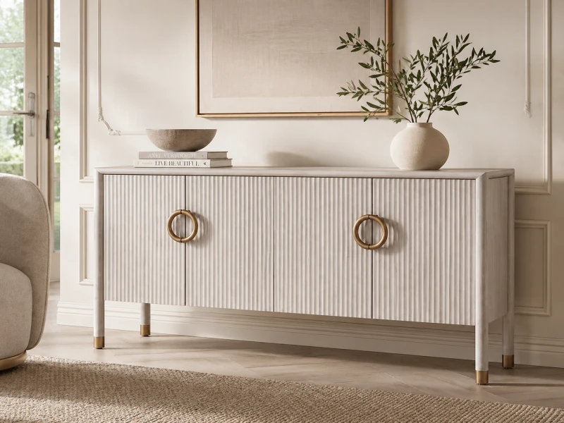 White Belgravia sideboard 180 cm in light oak – an elegant designer sideboard with gold accents, ideal for the living room, dining room or hallway.