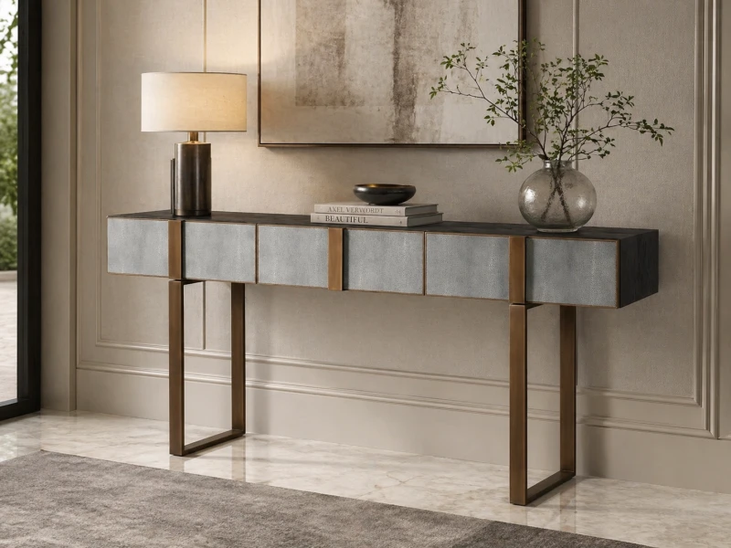 Enderby II Grey Shagreen and Oak Console Table with Gold-Finished Iron Detailing, 180 x 87cm