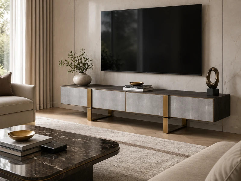 Enderby II 180cm TV stand in grey shagreen and oak with gold iron details