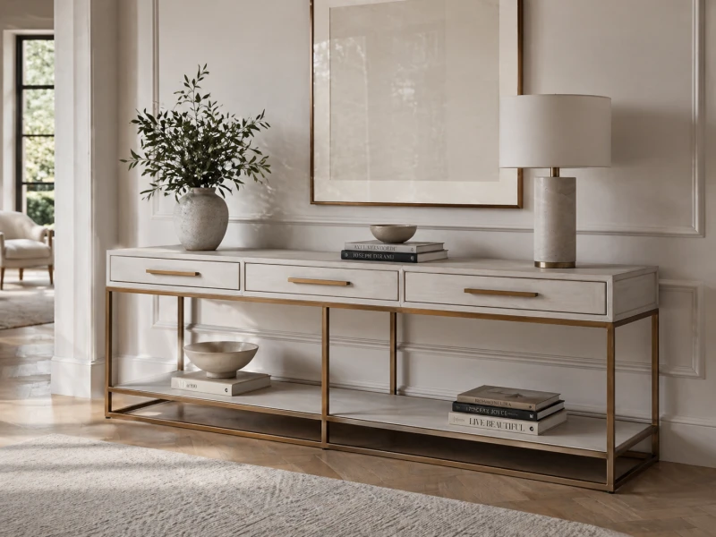 Primrose Large Console Table 200x78 cm light oak copper coloured iron frame