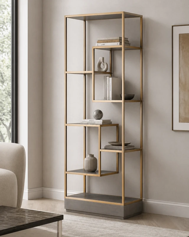 Camile Oak Shelf Unit 211x80 cm, in a grey oak finish with an iron frame painted in a brass colour