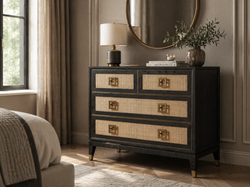 Zelten Black Chest of Drawers 88x100 cm oak iron black and natural rattan