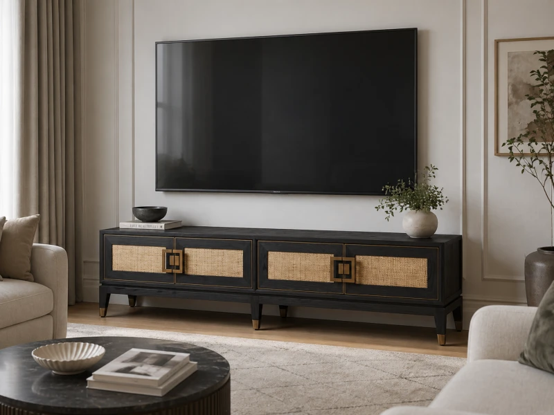 Zelten Black Entertainment Unit 193x50.5 cm 4 Door cabinet oak rattan
