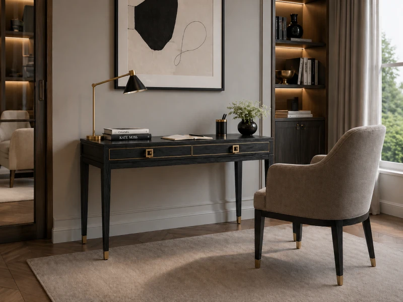 Zelten Black Desk / Dressing table 130x79,5 cm oak rattan glass too two drawers